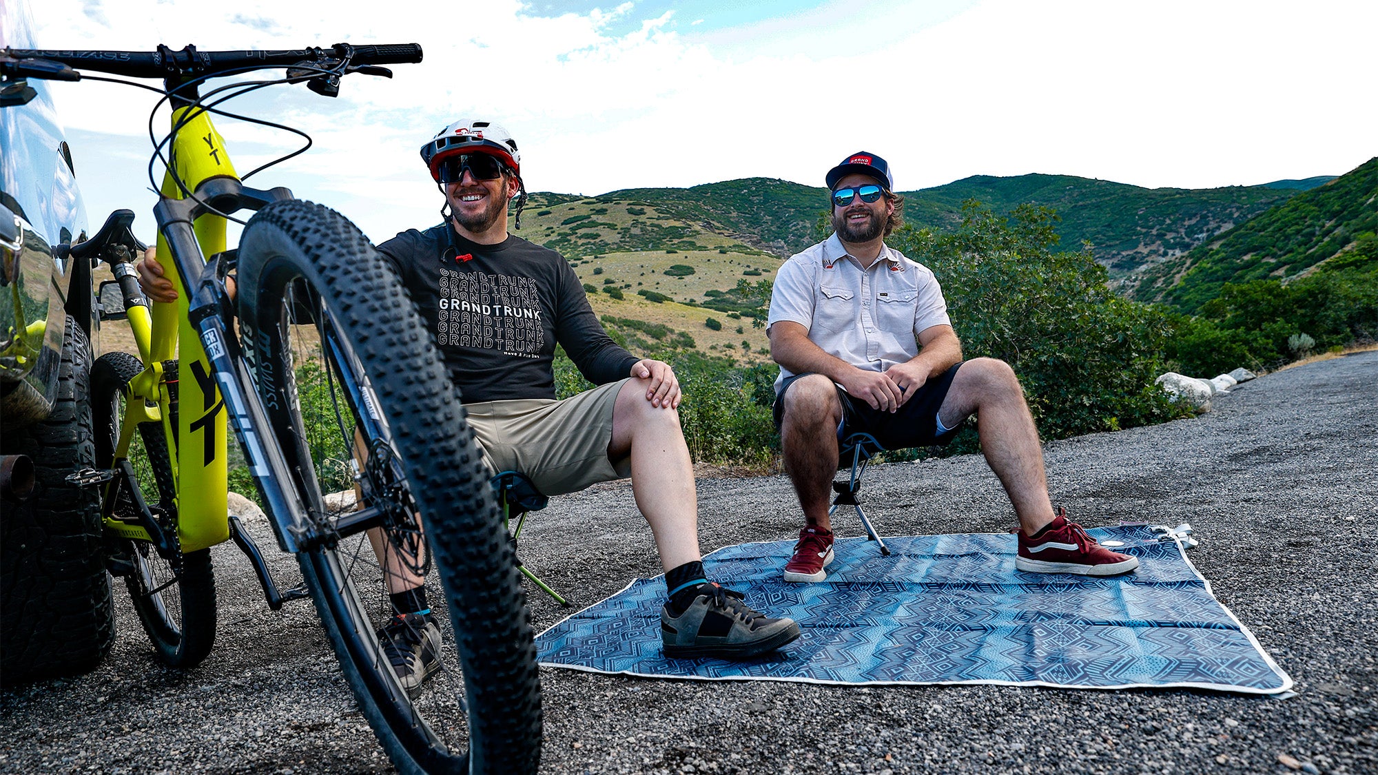 homies hanging out on the compass 360 stool getting ready to shred on some mountain bikes