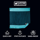 quick-dry, sand-proof, anchored lightweight beach sheet for sitting and keeping gear protected and dry. Lifetime Guarantee