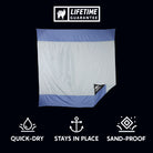 quick-dry, sand-proof, anchored lightweight beach sheet for sitting and keeping gear protected and dry. Lifetime Guarantee