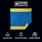 quick-dry, sand-proof, anchored lightweight beach sheet for sitting and keeping gear protected and dry. Lifetime Guarantee