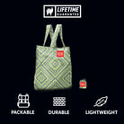Durable packable lightweight tote eco friendly upcycled waste reducing sustainable strong reusable bag grocery shopping style