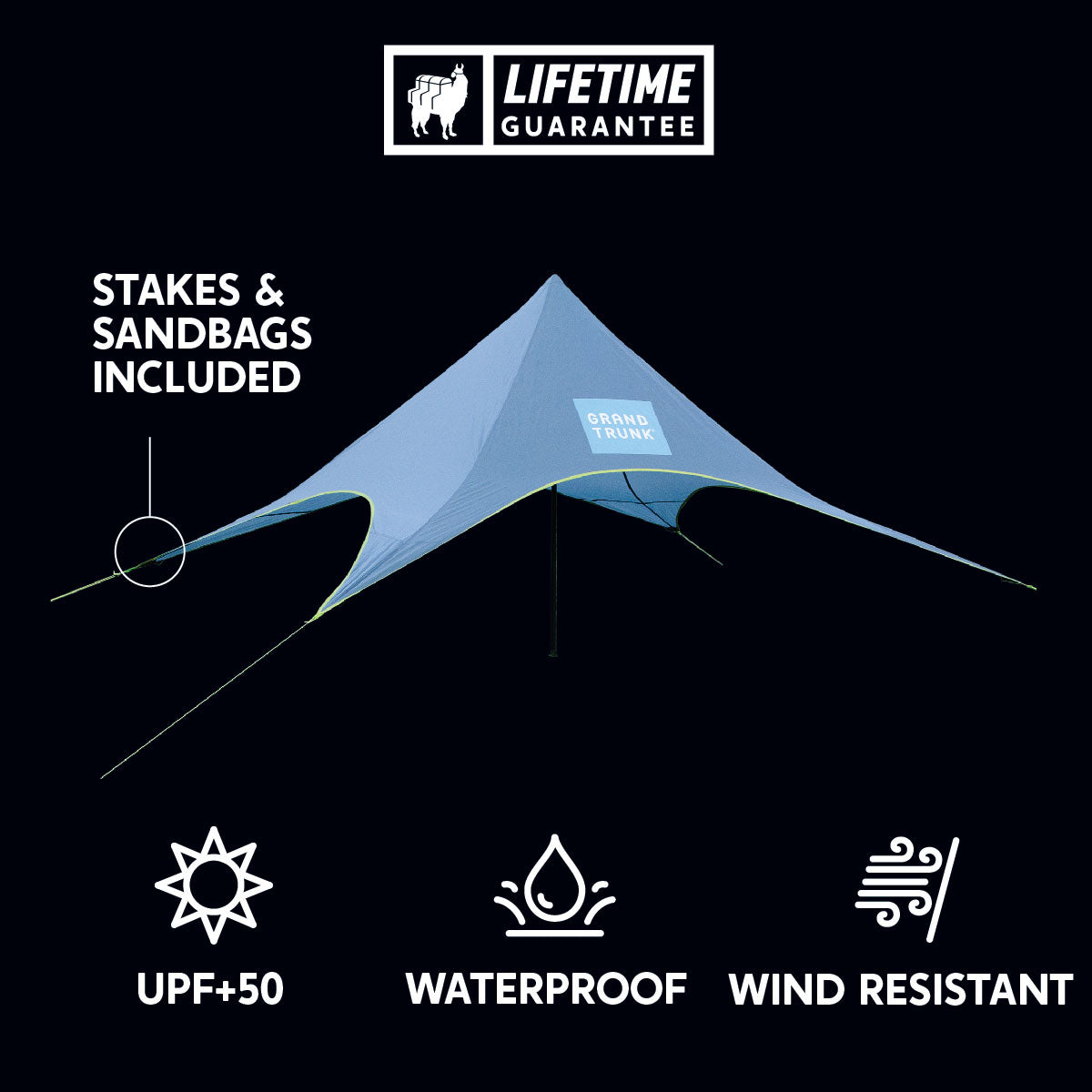 Shadecaster 2 UPF+50 sun/UV resistance, waterproof, Wind resistant, stakes & sandbags included.