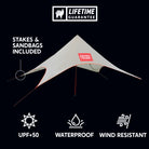 Shadecaster 2 UPF+50 sun/UV resistance, waterproof, Wind resistant, stakes & sandbags included.