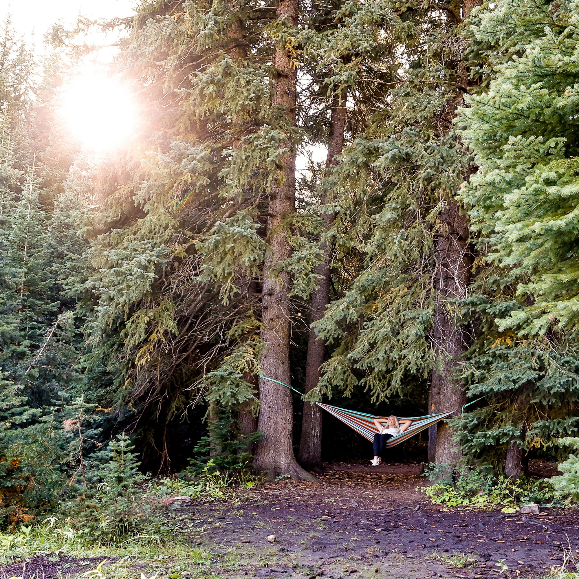 Horizon print TrunkTech™ hammock forest sunrise beautiful woman sitting